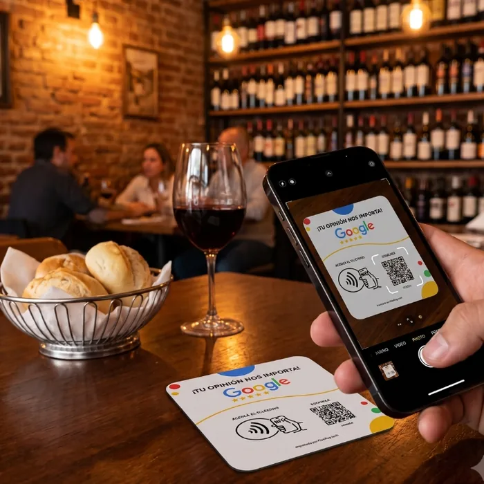 Cartel acrílico de Google de FlashTag con QR y NFC sobre una mesa