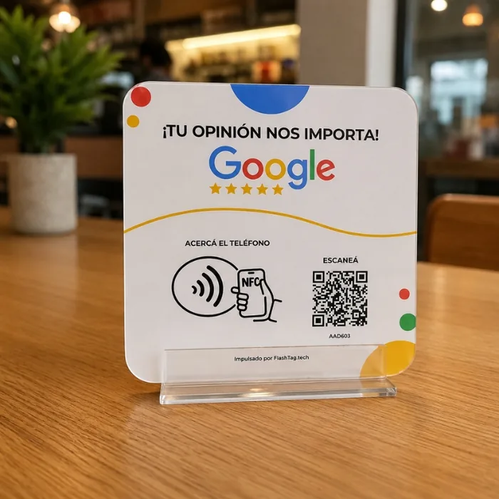 Cartel acrílico de Google de FlashTag sobre la mesa de madera de un café