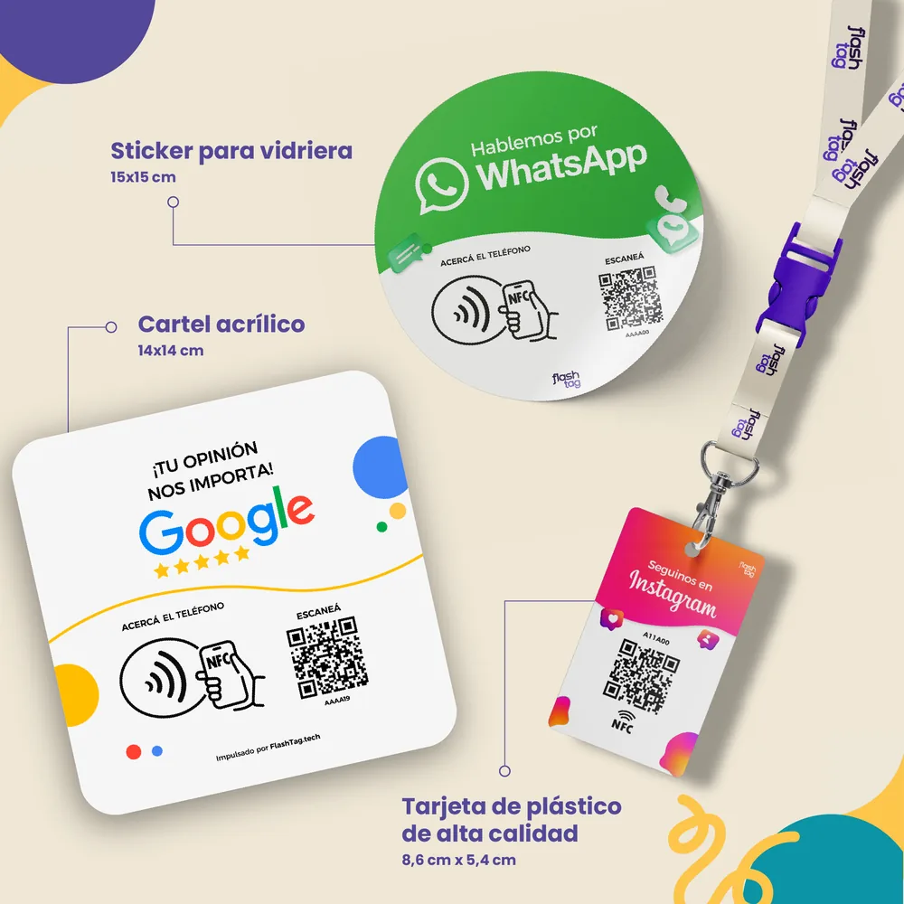 Cartel, sticker y tarjeta de FlashTag con QR y NFC
