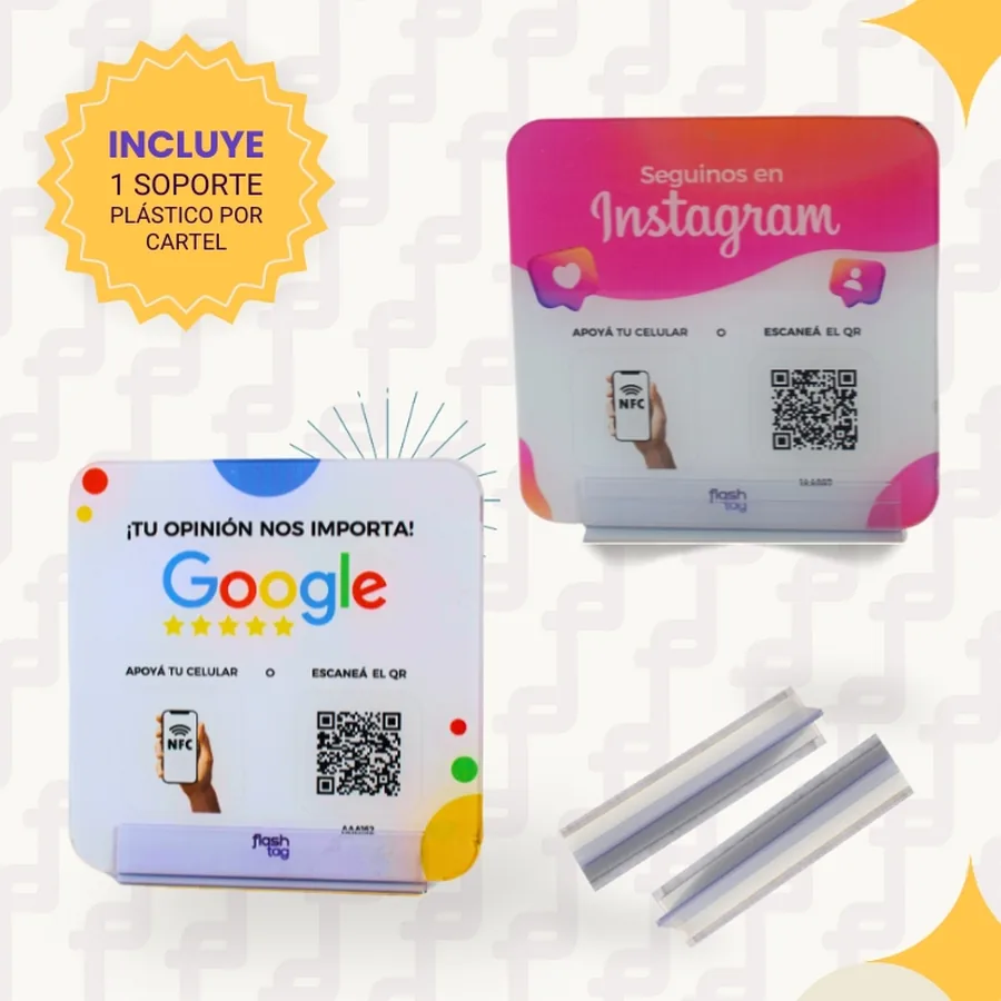 Carteles, stickers y tarjetas de FlashTag con sus soportes